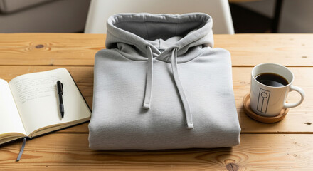 A grey hoodie mockup folded on a wooden table with a notebook and coffee.