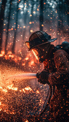 Firefighter working amidst sparks and flames in a forest fire scene