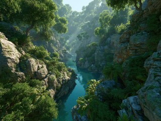 Lush River Gorge, Sunlight, Tropical Paradise, Boat, Calm