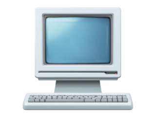 Vintage white computer with blue screen and keyboard technology electronic, Isolated, Png Transparent Background