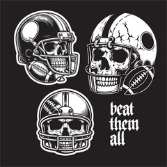 A vector Illustration of skull head wear football helmet black white drawing
