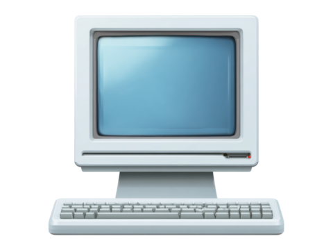 Vintage white computer with blue screen and keyboard technology electronic, Isolated, Png Transparent Background
