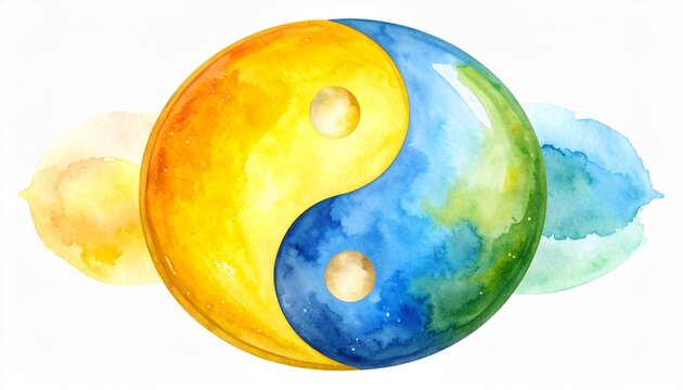 Vibrant Watercolor Yin Yang: Harmony of Yellow, Blue, and Green Hues - Powered by Adobe