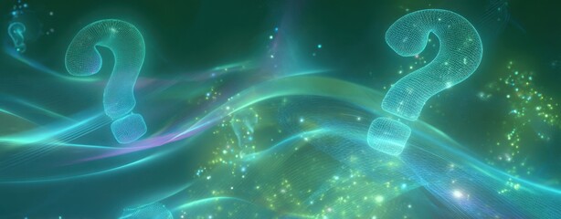 The Question Marks Above a Glowing Futuristic Digital Wave Representing Curiosity and Data