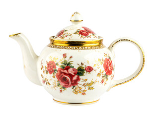 Delicate Porcelain Teapot with Floral Rose Pattern, Isolated on Transparent Background, Highlighting Ornate Design