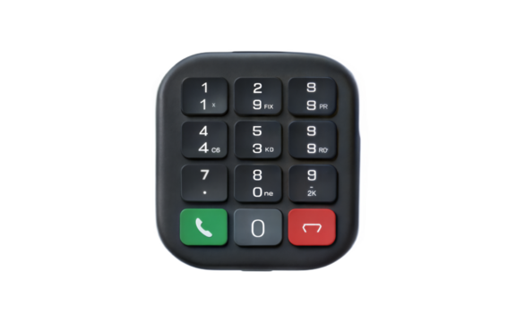 Digital keypad with numbers and call buttons on black background isolated on a transparent background.
