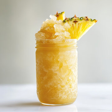 Icy pineapple slushie in a mason jar, garnished with fresh pineapple wedges, tropical summer theme, placed on a clean white background, high-resolution stock image with copy space. 
