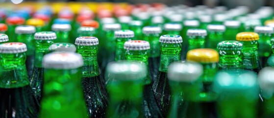 The bottles lined up in rows with colorful caps and shallow depth of field
