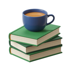 Naklejka premium A cup of coffee rests on a stack of green books. Cozy reading, study break.