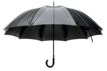Elegant black umbrella with raindrops protecting from the storm on transparent background