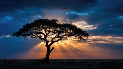 Obraz premium Silhouette of a lone tree against a radiant sunset sky with dramatic light rays