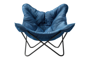 Stylish blue butterfly chair with a comfortable cushion on transparent background