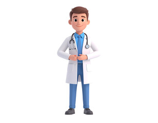 Fototapeta premium A cheerful animated doctor in a white coat and stethoscope presents a warm and trustworthy image for healthcare.