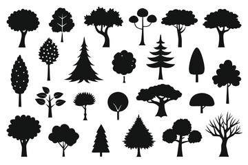 Various Black Silhouette Tree Icons, Including Pine, Oak, and Bare Trees Illustration