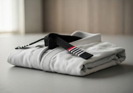 A folded white jiujitsu gi with a black belt, ready for training