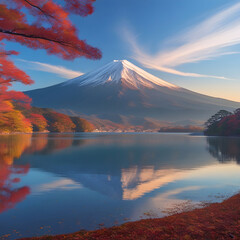 Fuji mountain and kawaguchiko lake in morning autumn seasons fuji mountain at yamanachi in japan