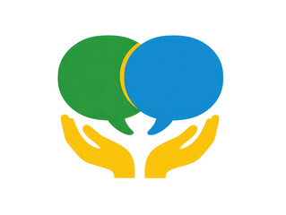 Two overlapping speech bubbles, green and blue, held by yellow hands