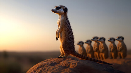 Meerkat Group On Watch At Sunrise