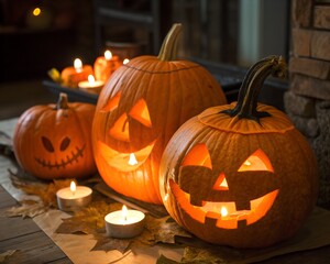 Fototapeta premium Carved Pumpkins with Candles Inside