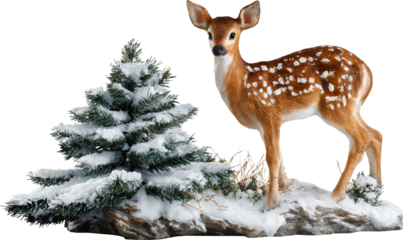 Fawn in the snow, forest, Christmas tree figurine isolated