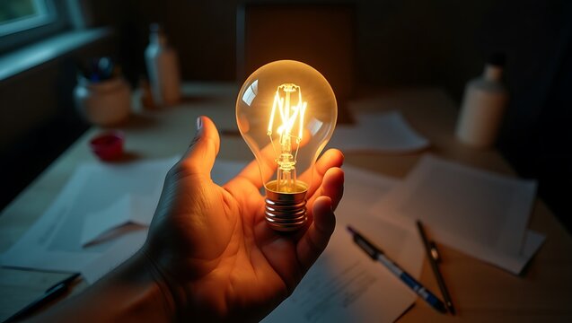 Illuminating Idea Human Hand Holding a Glowing Light Bulb Symbolizing Innovation and Creative Thinking in a Dimly Lit Room