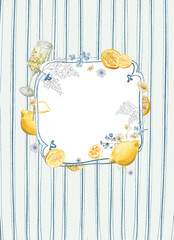 Watercolor template frame in mediterranean style . Hand drawing border of yellow lemons, citrus fruits, fresh food, limes, picnic elements. Italian print for design, invitation card
