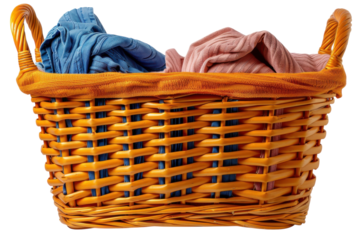 Freshly laundered clothes in a woven basket ready for folding and putting away at home on transparent background