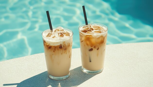 Enjoying Two Glasses Of Iced Frappe By The Poolside - A Refreshing Summer Treat To Cool Off In The Sun. Peaceful Relaxation.