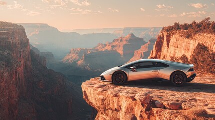 Luxury sports car overlooking Grand Canyon at sunset