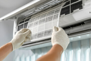 A person cleaning the air conditioning filter to ensure better indoor air quality and efficient cooling performance in a modern home.
