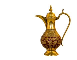 Vintage Ornate Gold and Maroon Arabic Pitcher with Intricate Patterns, isolated on transparent background