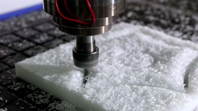 A CNC machine is precisely carving and shaping a piece of white plastic in a workshop, showcasing industrial automation