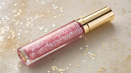 Luxurious close up view of a shimmering pink lip gloss with a gold cap on a soft surface