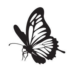 Vector illustration of minimalist butterfly in profile with wings partially open, solid black and white stylized design with crisp linework and bold negative space, elegant stencil-style silhouette ar