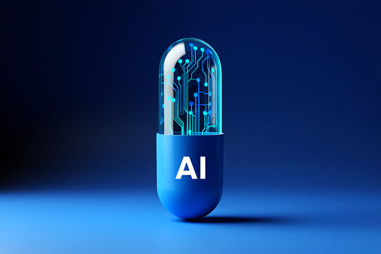 Blue capsule with glowing circuit board and A I text pill technology