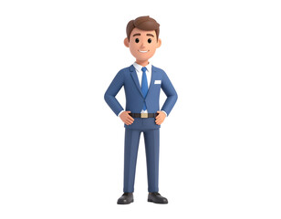 Obraz premium Confident businessman character in a blue suit smiles, ready for success and professional endeavors.