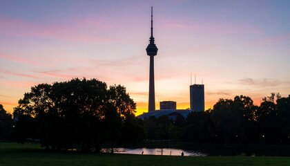 Obraz premium Silhouette of a tower at sunset over a park