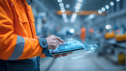 Industrial engineer using futuristic digital tablet in a factory setting