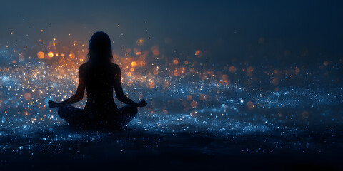 Obraz premium Meditating Woman Surrounded by Magic Lights Abstract Positive Energy. Copy Space Background Banner