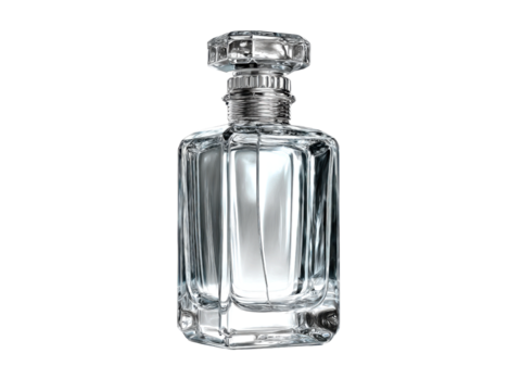 Elegant faceted glass perfume bottle with clear liquid image, Isolated, Png Transparent Background