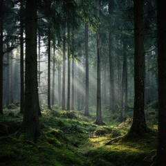 Fototapeta premium Sunlight streams through a dense forest, illuminating the mossy ground