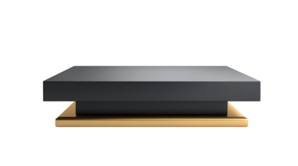 Modern geometric dark gray pedestal with gold base isolated on transparent background