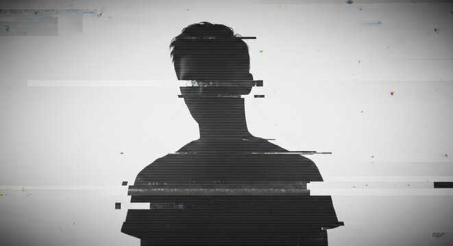 Glitch art silhouette of a male in profile view against white background - Powered by Adobe
