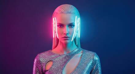 Futuristic fashion: young caucasian female with neon lights and metallic dress