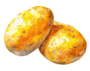 Two watercolor potatoes, light yellow and orange hues, slightly browned spots, overlapping
