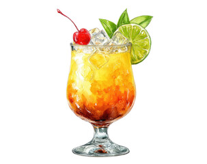 Vibrant cocktail illustration.  Layered, orange-amber drink in a tall glass, garnished with a cherry and lime wedge, fresh mint leaves, and ice.  Detailed, realistic digital painting style