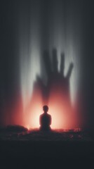 Silhouette of child sitting on bed with large, menacing hand shadow looming behind, symbolizing childhood trauma and its lasting effects