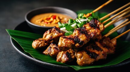 Grilled chicken skewers served with peanut sauce and garnished with green onions on a dark background