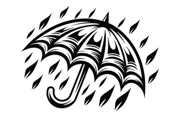 Stylized Umbrella with Raindrops, Black Silhouette on White Background