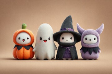 Obraz premium Four cute halloween characters wearing costumes, including a pumpkin, a ghost, a witch, and a devil, are posing together on a brown background